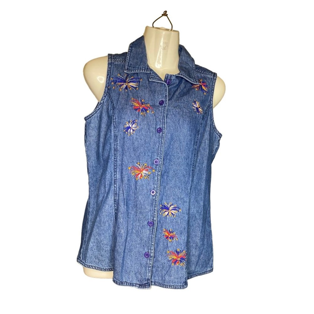 Gaviota Sleeveless Denim Embroidered Fireworks Womens Vest Small